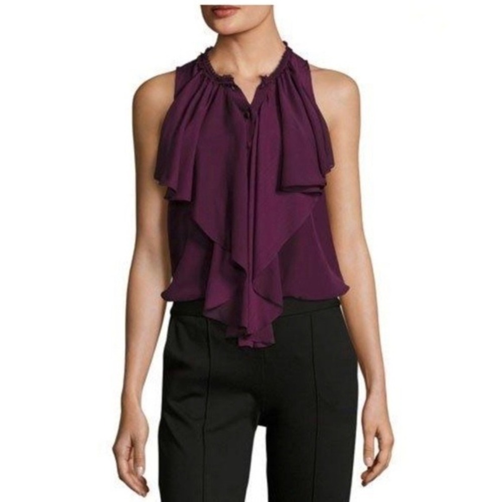 Alice + Olivia Elisa Silk High Neck Ruffle Sleeveless Blouse Purple S
